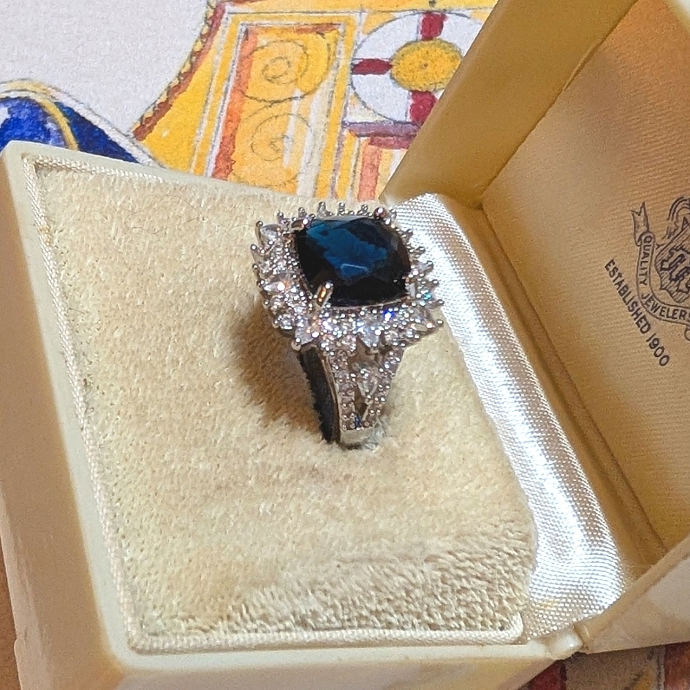 Blue Sapphire and CZ Sterling Silver Ring - Picture 3 of 8
